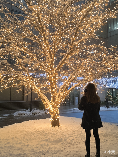 傍晚雪中圣诞装饰的女士与松树照片