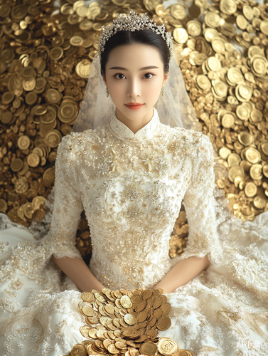 Chinese Bride Surrounded by Gold Coins Symbolizing Prosperity and Happiness