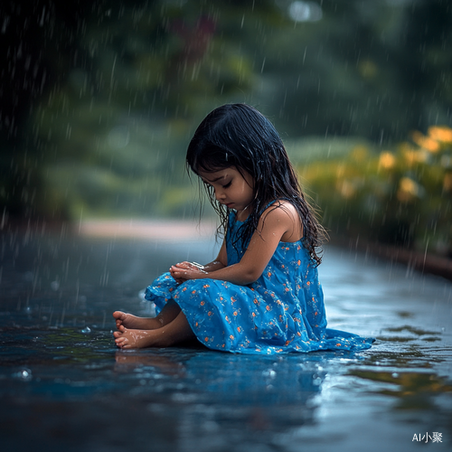 小女孩在大雨中哭泣穿着蓝色民族风衣