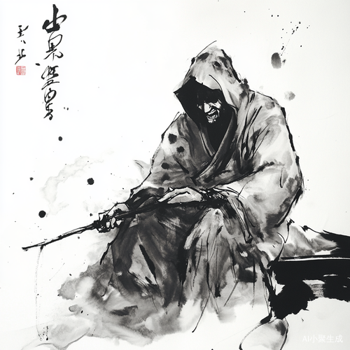 黑白水墨风男性死神兜帽掩面狂笑