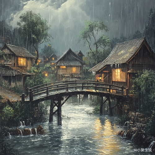 暴雨中的小桥流水与村庄宁静