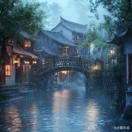 暴雨中的小桥流水与村庄宁静