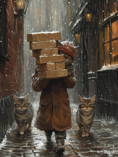 猫咪在大雨中努力搬运砖