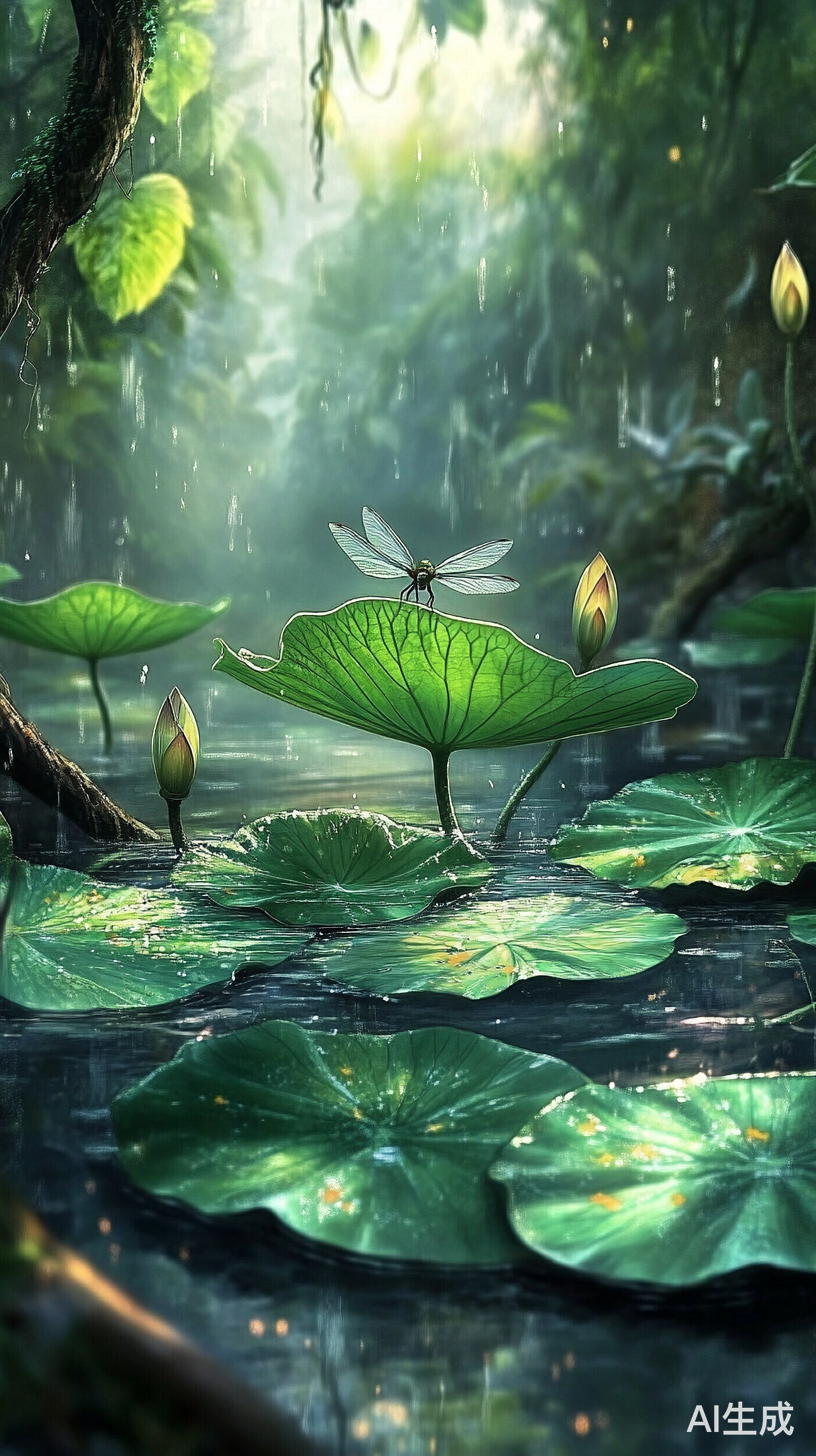 泉眼边的蜻蜓与初露的荷叶