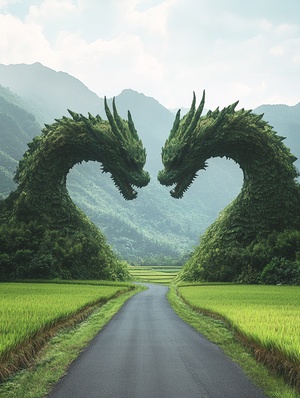 In the green paddy fields, there is an asphalt road in front of two giant dragon heads made of rice terrace grasslands and mountains, forming a heart shape. The background features high definition photography with wide-angle shots. It has a super realistic style with a surrealistic influence.