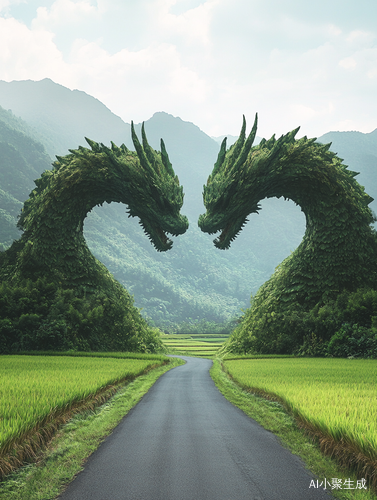 心形田野中的龙头与公路的奇幻美景