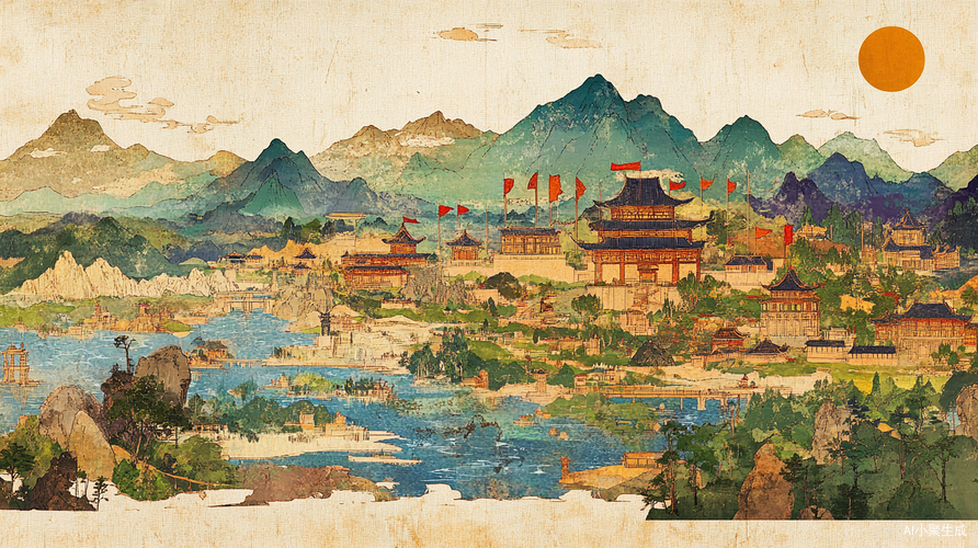 古代地图展示十八路诸侯旗帜与城池山河