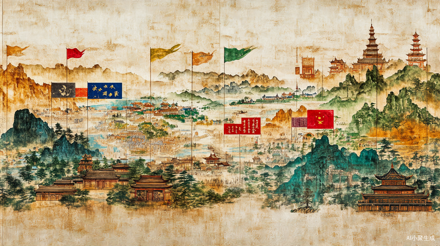 古代地图展示十八路诸侯旗帜与城池山河