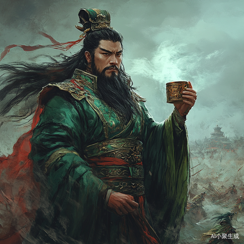 关羽持杯而起面容刚毅背景隐约战场