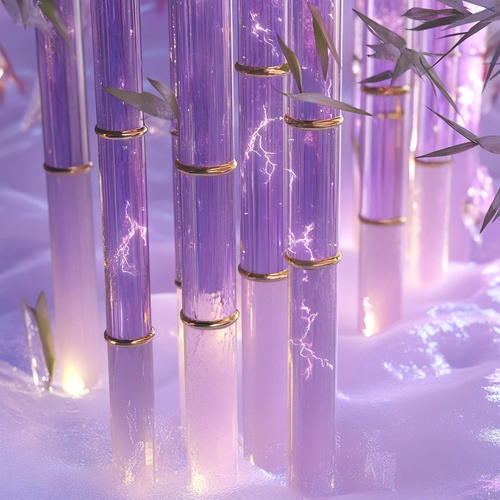 3D rendering with a crystal glass texture， featuring numerous purple bamboo shoots with golden edges in the center of each plant stem and leaves covered by a layer of white snow. The bamboo emits fine arcs of purple lightning from within, with subtle dragon silhouettes faintly visible inside the stems. The scene has a crystal glass texture and a light purple color palette with light gold ribbon decorations. The composition is symmetrical, with glass cubes on both sides, adding balance. A translucent water f