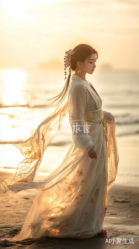 海边悠闲散步的精致中国女人