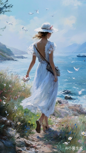 海边悠闲散步的精致美女