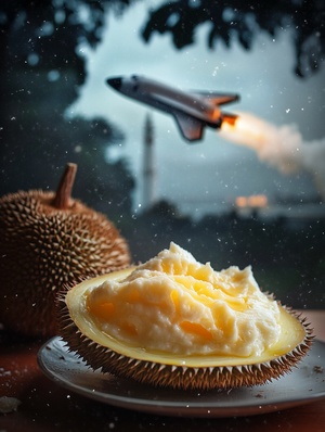 The photo shows a tempting delicacy, half a durian, topped with cheese, the cheese surface has a slightly baked paste, European-style pastoral style dining table, bokeh in the foreground, space shuttle launch base in the background, space shuttle in the air, delicate detail, realistic, photographer - Joseph · Sudik, stunning photography, best quality, ar3:4