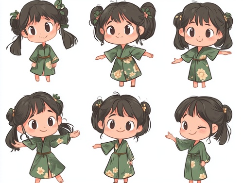 可爱Q版小女孩，绿色汉服，动画角色设计，全身图，chibi，9种姿势和表情，贴纸艺术，白色背景