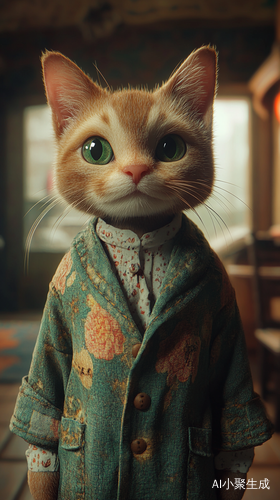 可爱的穿裙子猫咪站在真实客厅背景中