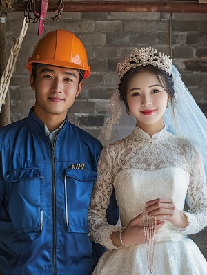 The photograph shows two figures, a young man and a woman in modern China, the man on the left wearing a hard hat and a blue electrician's suit. The woman on the right is wearing a white wedding dress and holding jewelry in her hands, and she is elated. Wedding scene, fine detail, realistic, professional photographer's work, Nikon z5, photographer Cecil Beaton, DSLR camera, cinematic lighting effects, masterpiece，ar3:4，v6.1