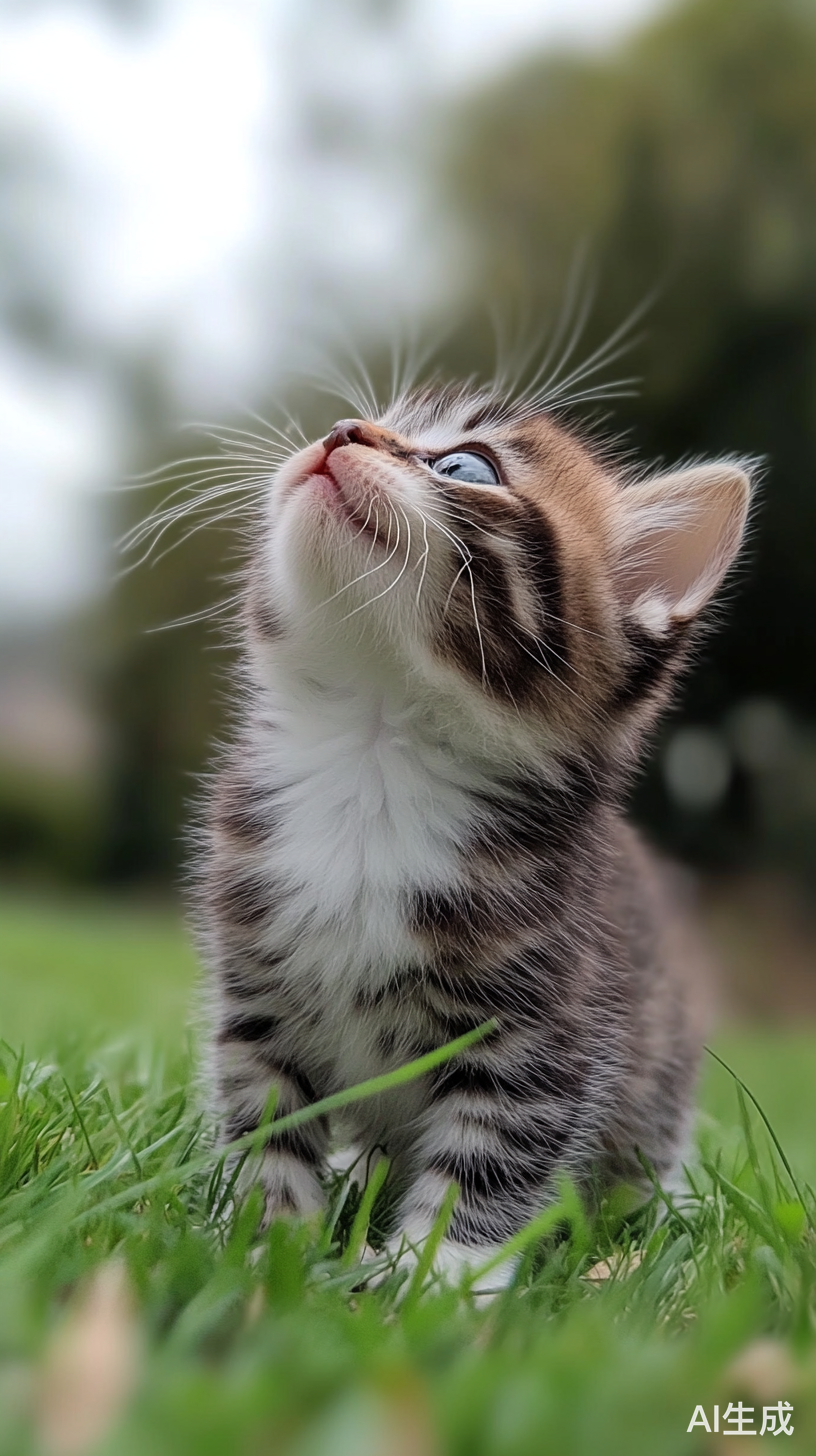 胖乎乎的小猫咪在草地上呆萌歪头看着你