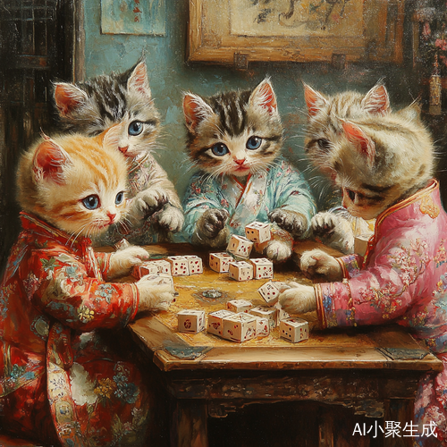 几只穿旗袍的小猫咪打麻将的可爱场景