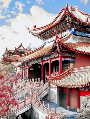 模仿参考图，绘制道教风景建筑，高清，不同角度