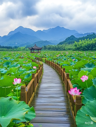 荷塘荷花与古桥流水交融的自然风景