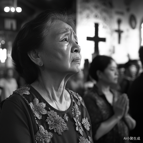 教堂大堂中虔诚老奶奶向上帝祷告