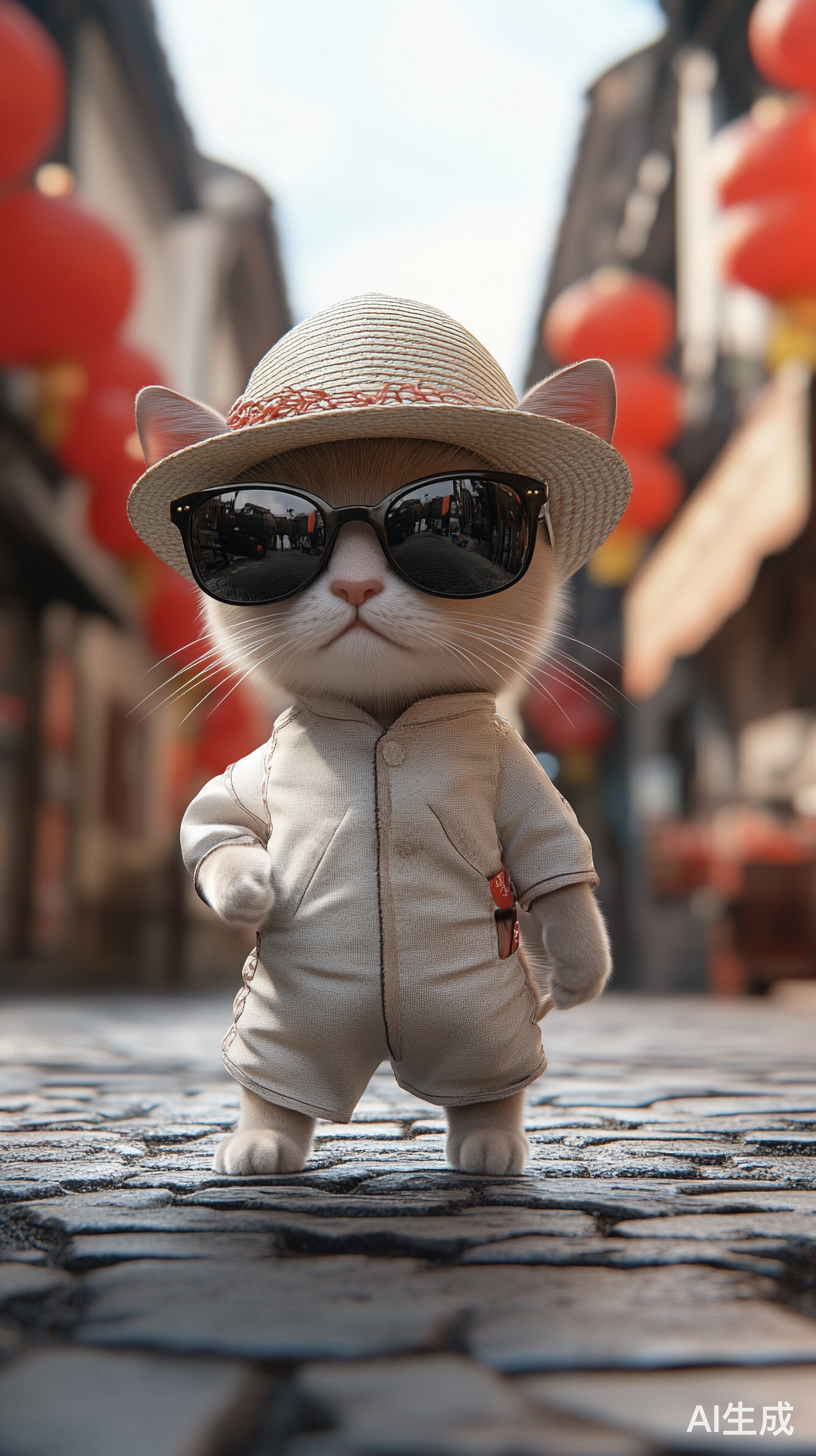 小猫墨镜帽子唐装在街道上直立行走