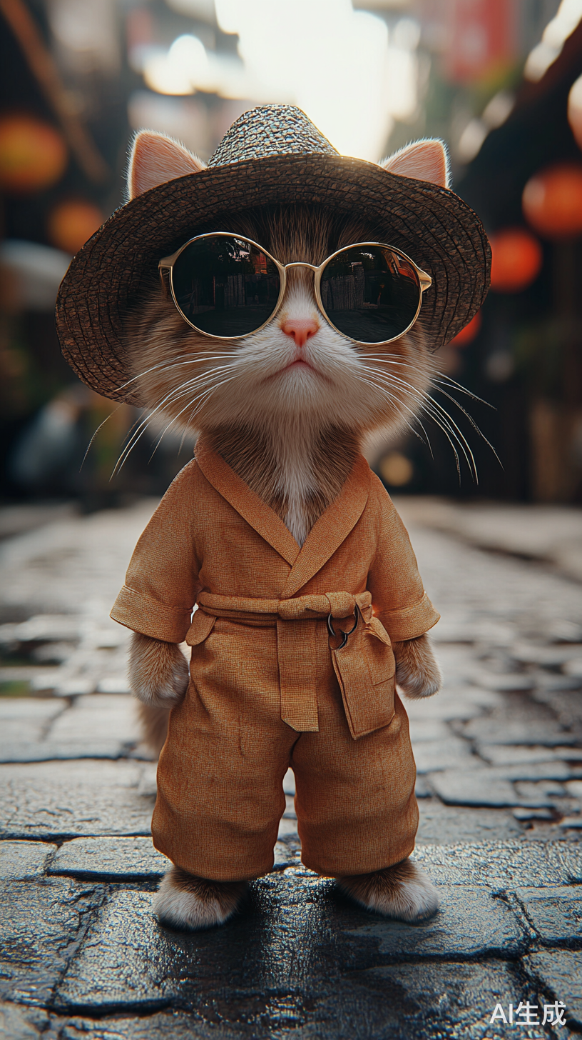 小猫墨镜帽子唐装在街道上直立行走