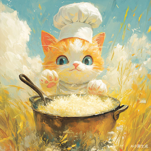 厨师三色猫在黄色禾田中煮香大米