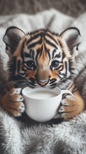 1️⃣ a cute baby tiger drinking milk from the bottle, babys full body, hyper realistic photo of an adorable and cuddly baby tiger eating out of its white plastic circular tea cup with handle sitting on top of soft fluffy grey blanket, black stripes, big beautiful eyes, paws holding paper coffee mug, cute face expression, beautiful background, high resolution photography, insanely detailed, fine details, isolated plain, cinematic lighting, natural light ar 13:24