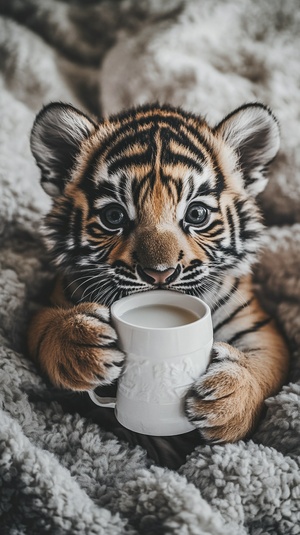 1️⃣ a cute baby tiger drinking milk from the bottle, babys full body, hyper realistic photo of an adorable and cuddly baby tiger eating out of its white plastic circular tea cup with handle sitting on top of soft fluffy grey blanket, black stripes, big beautiful eyes, paws holding paper coffee mug, cute face expression, beautiful background, high resolution photography, insanely detailed, fine details, isolated plain, cinematic lighting, natural light ar 13:24