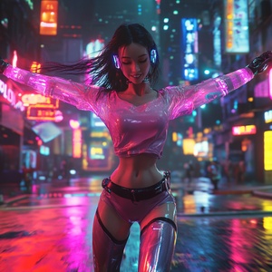 A graceful girl, dressed in cybernetic-enhanced attire, dancing dynamically under the neon lights of a futuristic cityscape, detailed 3D model with fluid motion capture, vibrant colors blending with the urban glow, hyperreal rendering, OC Renderer, Unreal Engine, full body in motion, Ultra HD, 8K.