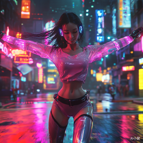 Cybernetic Dancing Girl in Neon Futuristic Cityscape