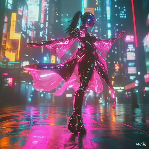 Cybernetic Dancing Girl in Neon Futuristic Cityscape