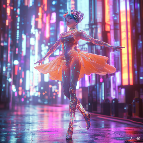 Cybernetic Dancing Girl in Neon Futuristic Cityscape