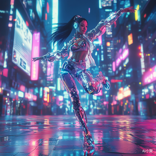 Cybernetic Dancing Girl in Neon Futuristic Cityscape