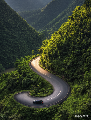 山间公路汽车行驶河流与森林相伴