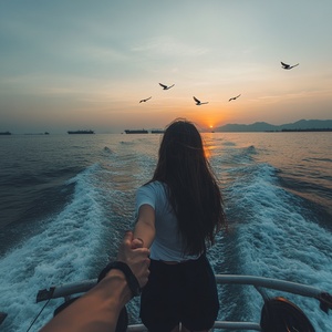 a girl wearing a black skirt and white t-shirt, holding hands with her boyfriend on a yacht in d pier of lingshan sea park in quanzhou city, china at sunset. the sea is calm, there are some birds flying around, she has long hair with bangs hanging down, in the style of photo realism, the photo taken with a canon camera from behind view. ar 9:16 iw 1.6 v 6