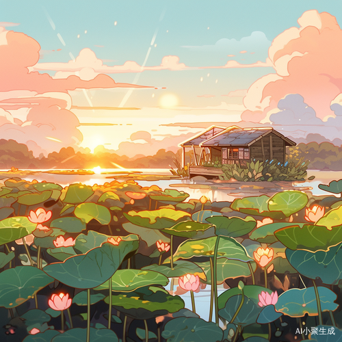 夕阳下的荷花池和果蔬菜地