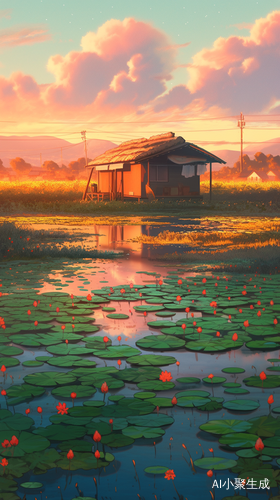 夕阳下的荷花池和果蔬菜地