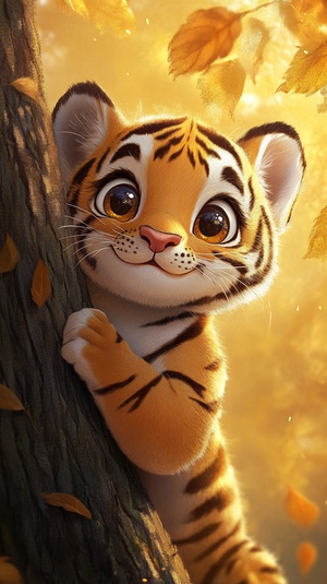 Cute Chubby Tiger Relaxing Under Autumn Tree