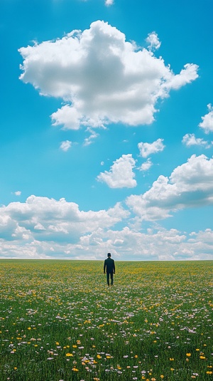 一半画面一个男人走在开满鲜花的绿色草原，画面一半天空蓝天白云