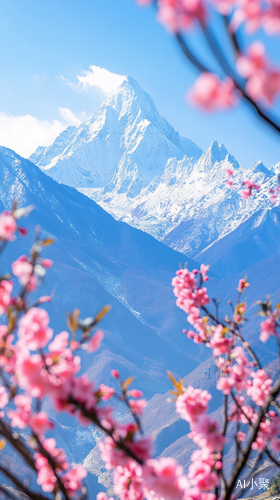 Snow Capped Mountain and Blooming Plum Blossoms in Bright Sky