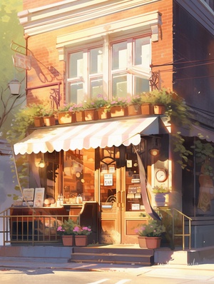 light watercolor,outside of a jazzy coffeeshop,bright,light background,few details,dreamy,studio ghibli