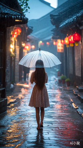 独自女生街头打伞淋雨微弱路灯下的氛围