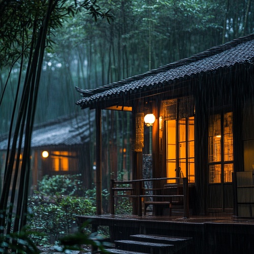 木屋，屋内微黄的灯光，竹林，从窗外看外面淅淅沥沥的雨，