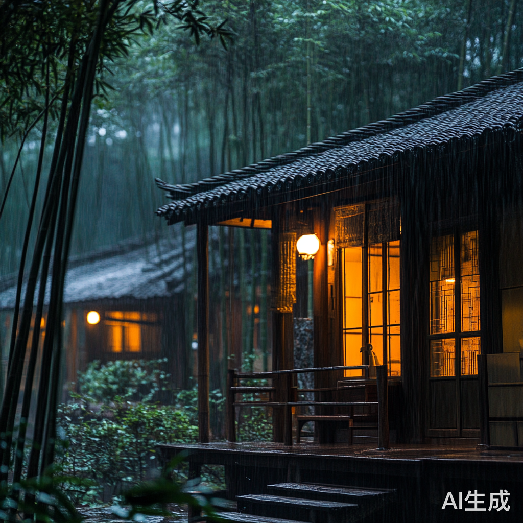 竹林中木屋内微黄灯光伴雨声