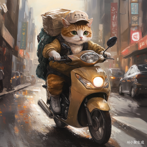 骑着摩托车的猫在街道上送外卖