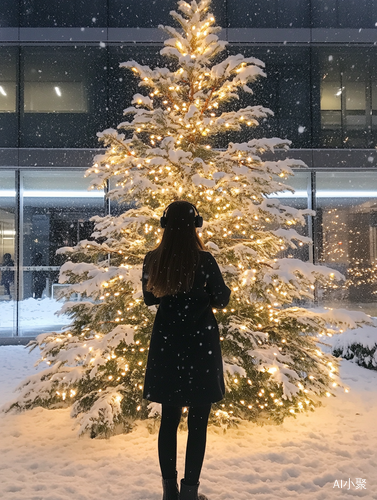 傍晚雪景中的女士与圣诞灯饰的松树