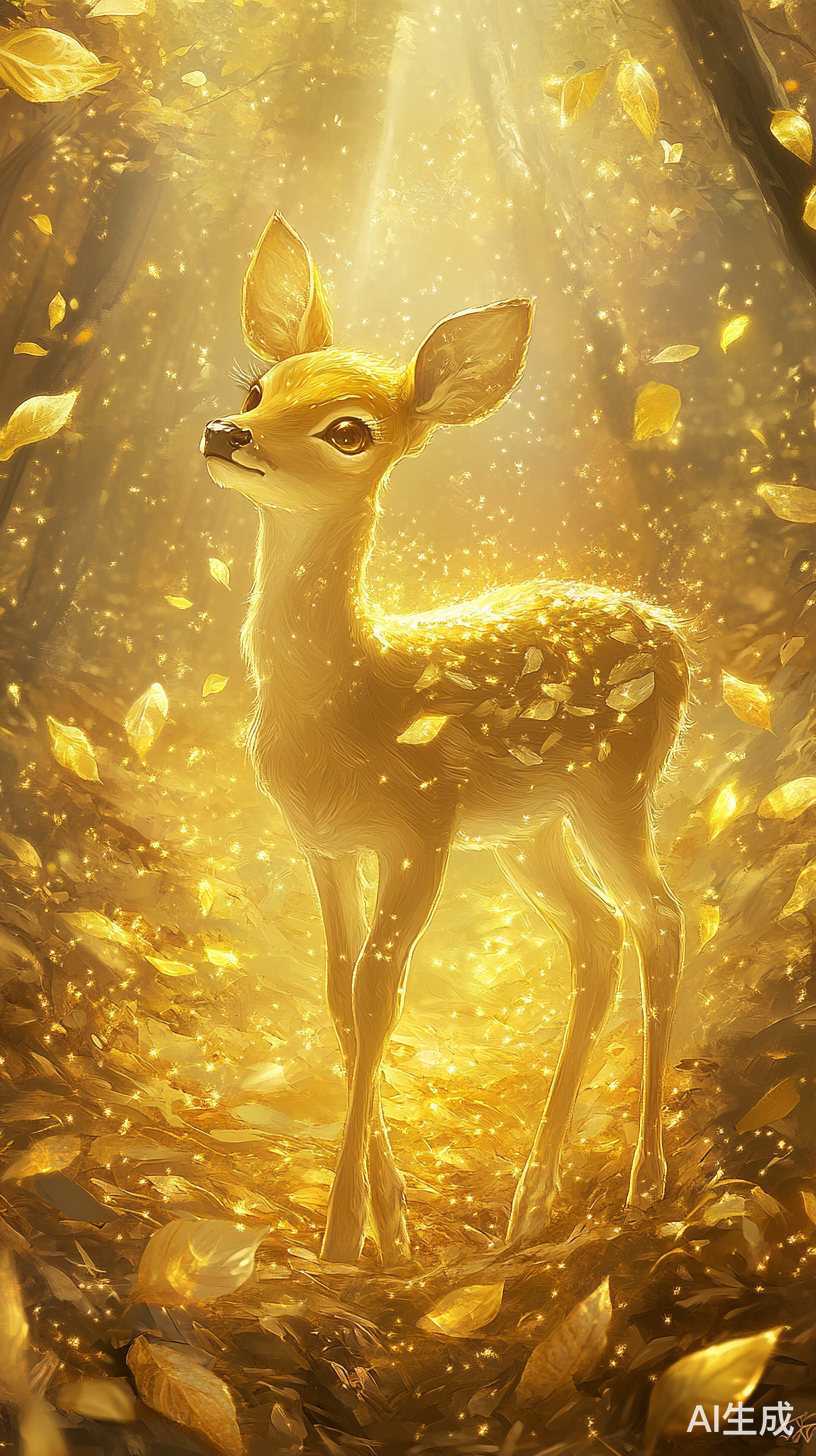 金色小鹿徜徉在辉煌黄金森林中的梦幻氛围