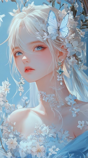 A beautiful anime style illustration of an elegant girl with white hair and blue eyes, wearing earrings made from crystal butterflies surrounded by delicate flowers. She is adorned in a light sky-blue dress featuring intricate lace patterns, and her expression exudes grace and elegance. The background features an ornate archway with floral motifs, creating a harmonious blend between the subject's attire and their surroundings. The illustration is in the style of an anime artist.